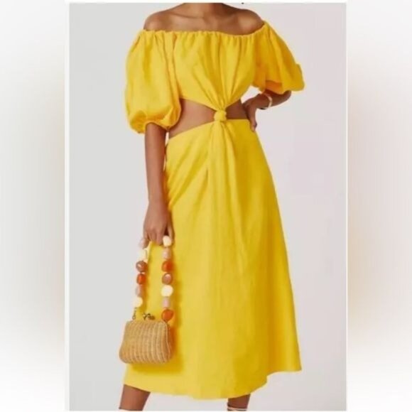 FARM RIO OFF THE SHOULDER KNOTTED CUTOUT MARIGOLD YELLOW MIDI DRESS MEDIUM - Picture 12 of 14